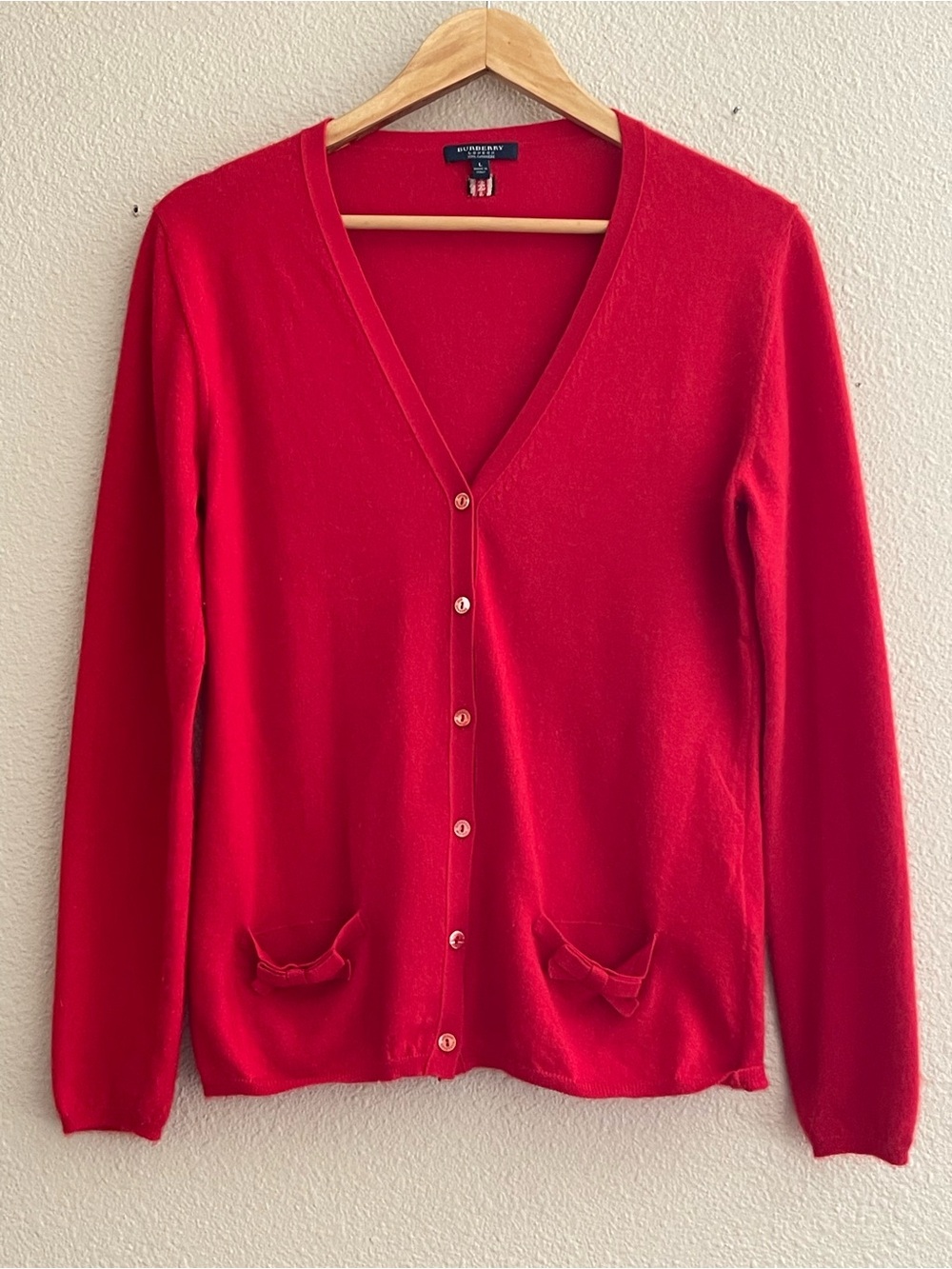 BURBERRY London Red V-Neck Button Cardigan Sweater Bow Pockets Sz L